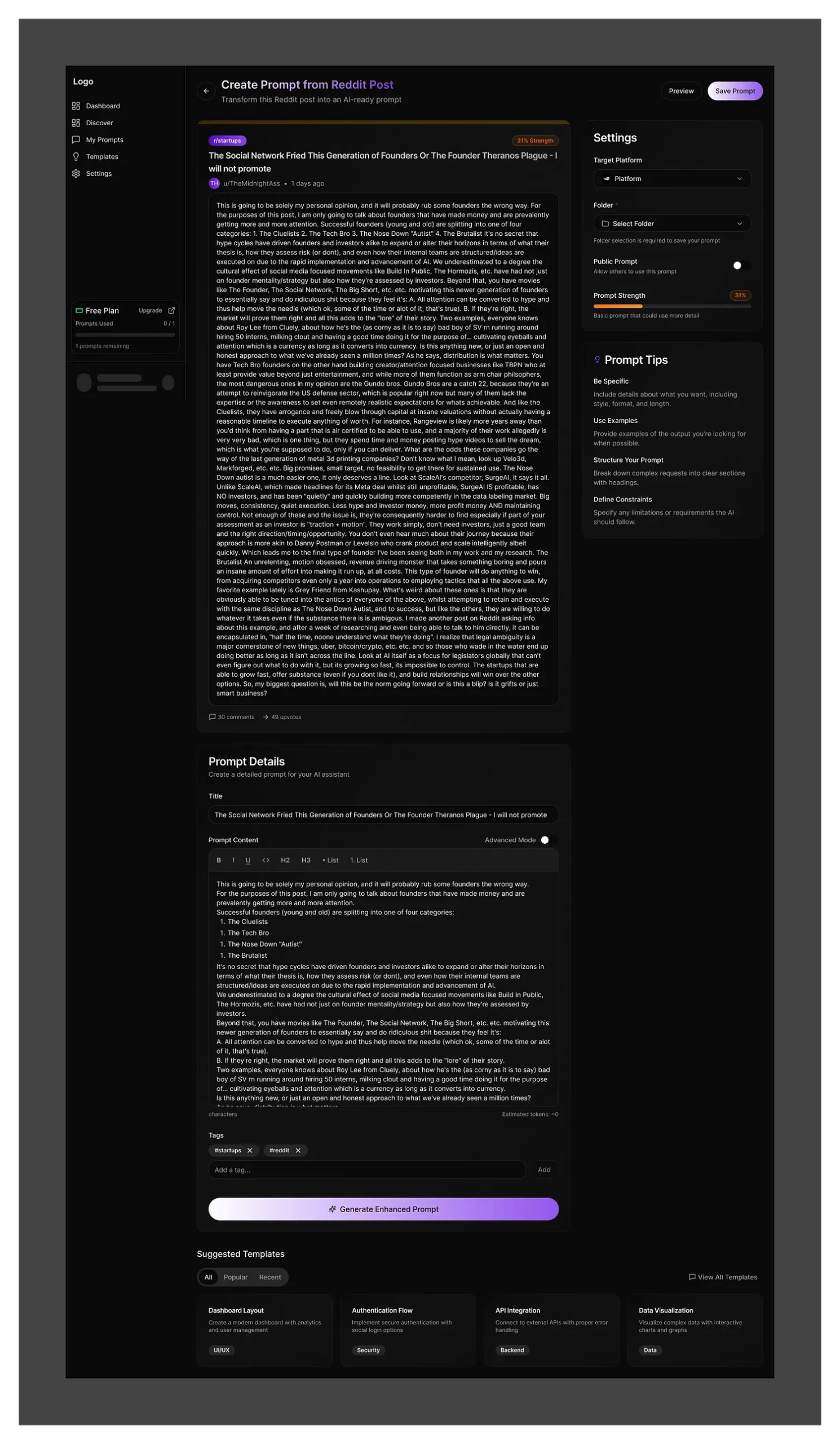 AI Problem Discovery Dashboard – Dark Mode UI