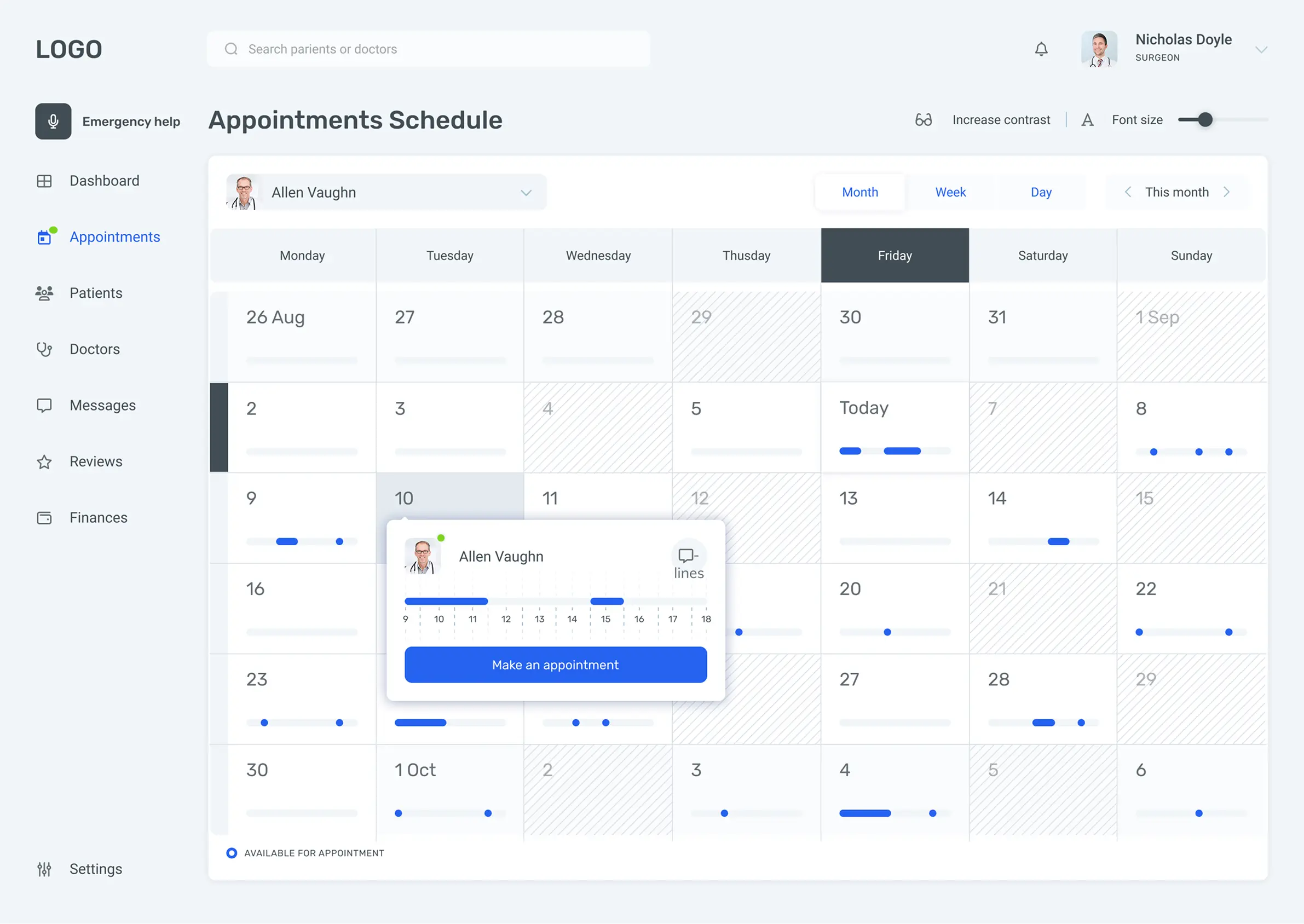 Monthly appointment calendar view for healthcare professionals showing scheduled consultations and availability