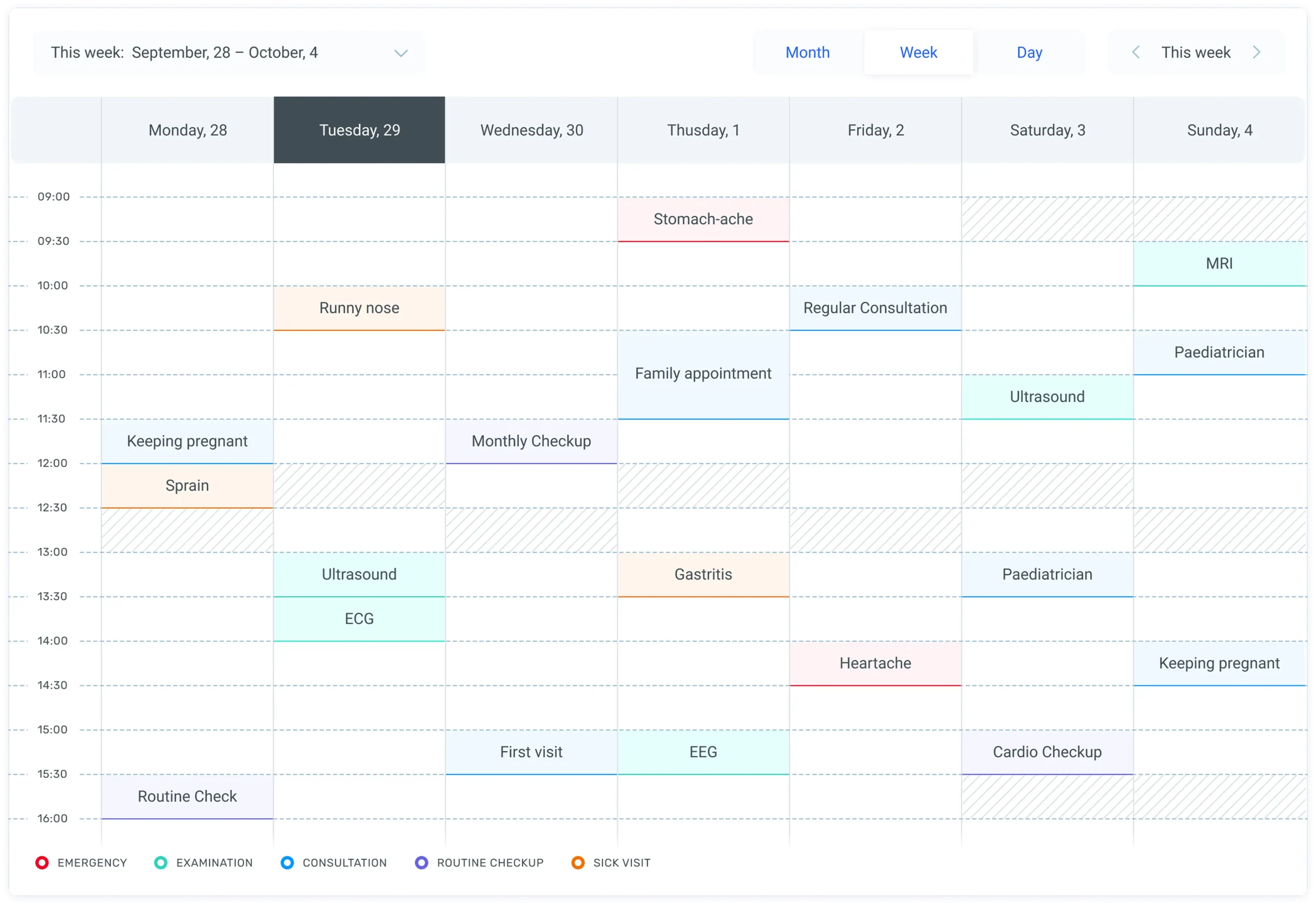 Monthly appointment calendar view for healthcare professionals showing scheduled consultations and availability