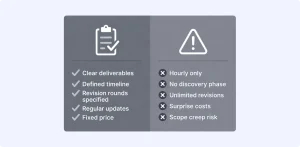 Split comparison illustration showing green flag checklist versus red flag warning signs when evaluating a UX design agency proposal 