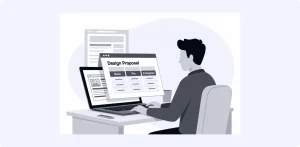 Abstract illustration of a SaaS founder or product leader reviewing a product design proposal with pricing tiers and deliverables on a screen 