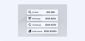 SaaS UI/UX design pricing tiers comparison chart showing audit, MVP, redesign and retainer costs for product design agencies in 2026